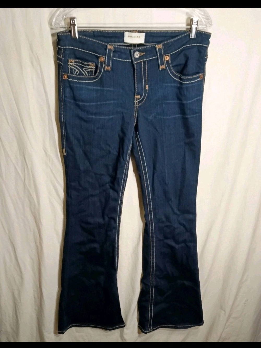 Big Star Liv Boot Jeans Women 31R Blue Dark Wash Low Rise Flared Embroidered